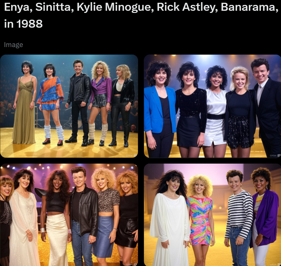 *Bananarama, 3rd seems most accurate bar Enya, and funny how Rick Astley looks like Harry Styles and Kylie in the last one