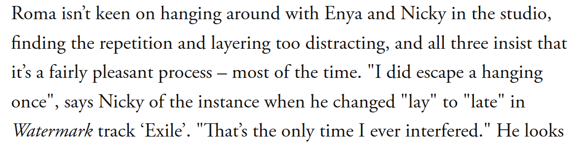 From a 2016 article https://thequietus.com/interviews/enya-interview-roma-nicky-ryan/