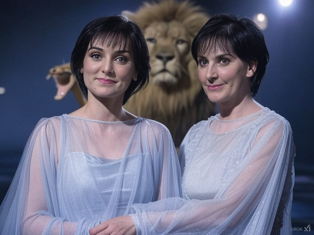 Sinéad dressed like Enya, also Enya, a cobra and lion that vaguely resemble them both, haha.