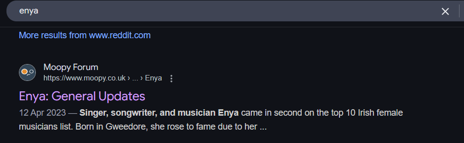 Moopy 2nd site listed under 'Forums' searching Enya