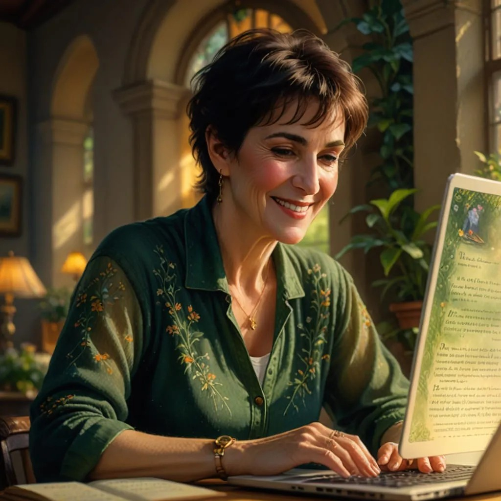 Prompt: Irish singer Enya, age 64, with short dark brown hair and big hazel eyes, smiling, in casual summer clothes, on a laptop, with music manuscript flowing out of a printer, summer 2025