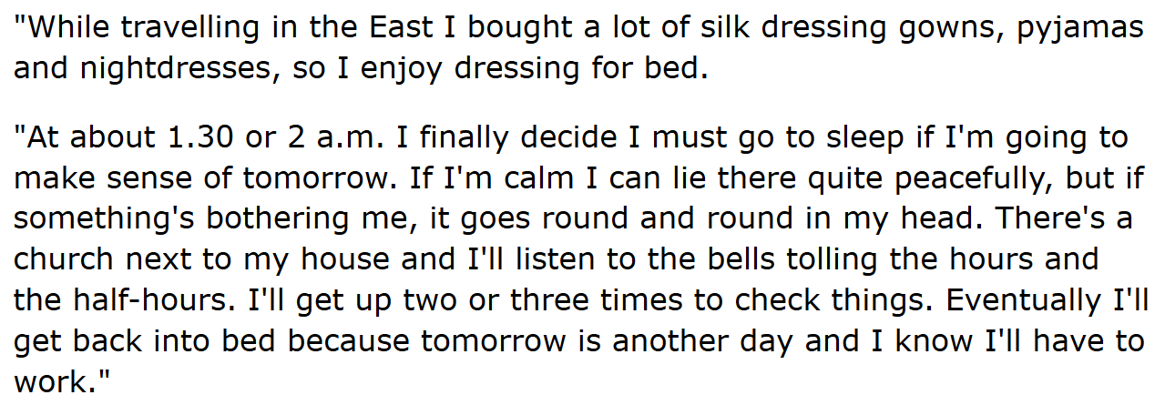 Too relatable (except travelling in the East, guessing Korea, Japan, to buy pyjamas, and the church bells nearby). And what is being checked if not a phone, windows and doors? This was when Enya lived in the (penthouse 1) apartment