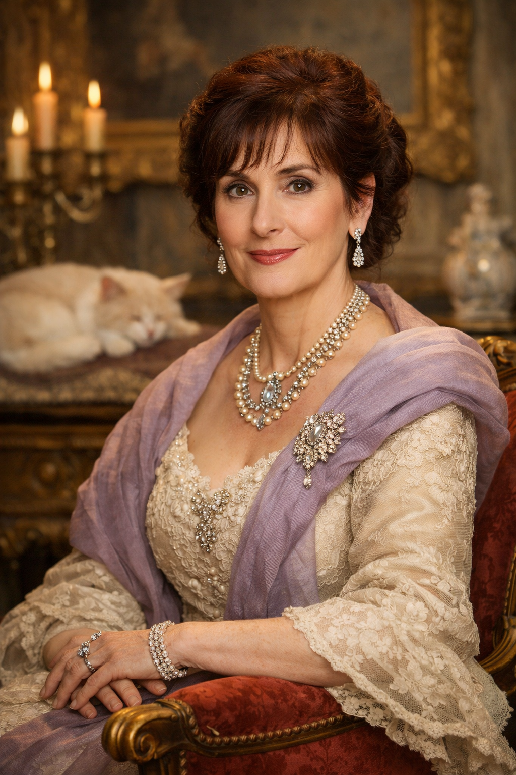 Create a picture of Enya as Madame Adelaide Bonfamille (Aristocats) as her age now (64) same haircolour (not quite haha)