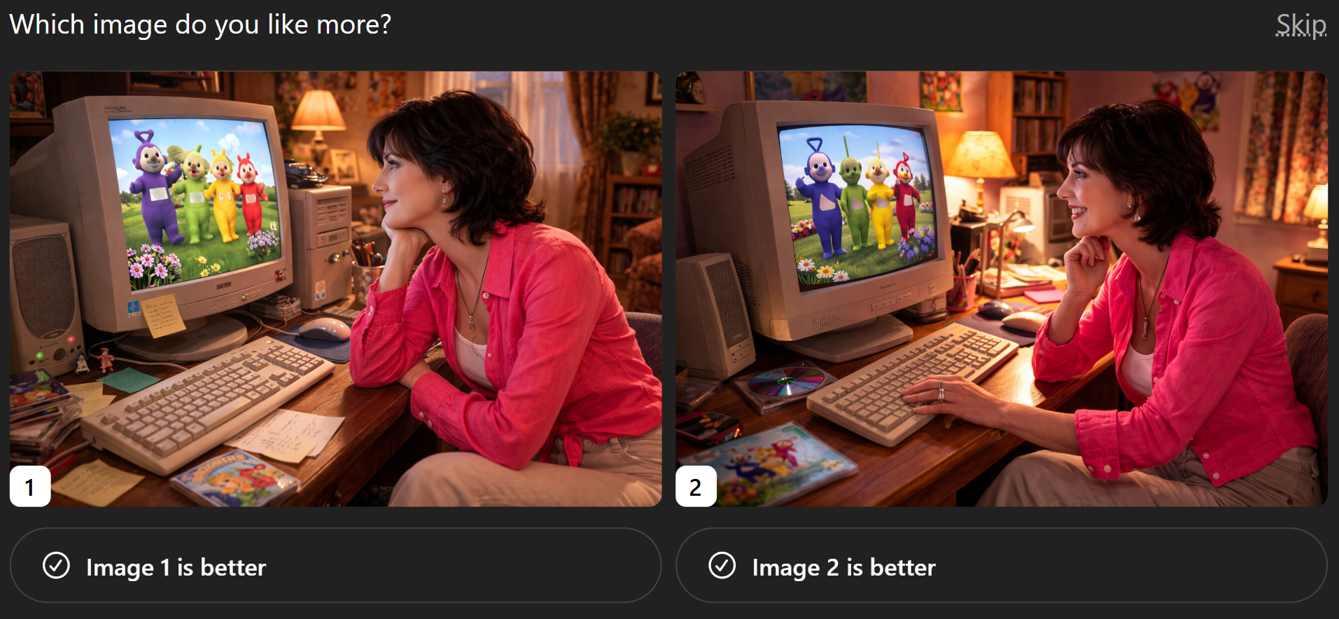 Enya on XP computer looking at the Teletubbies, c. 2001