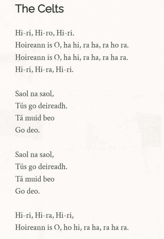 Irish lyrics and vocalisation