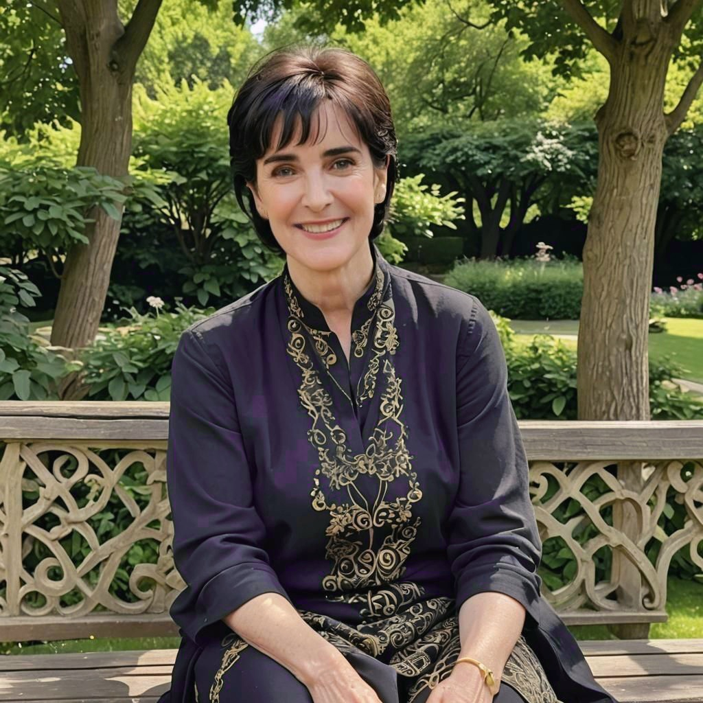 Enya ♡ on a bench in garden, AI, late June 2024