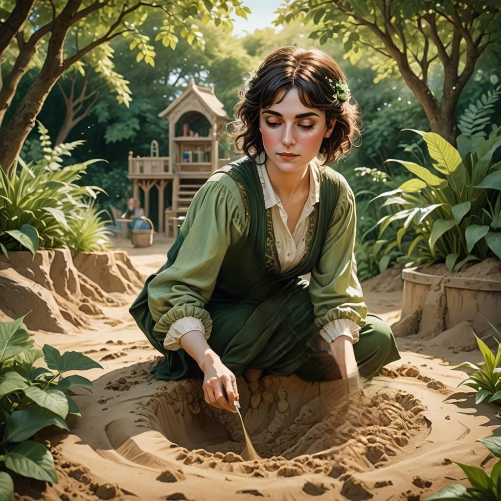 Supposedly an iteration of Enya in an outdoor sandpit, AI illustrated, see Speculate Wildly post from same day haha