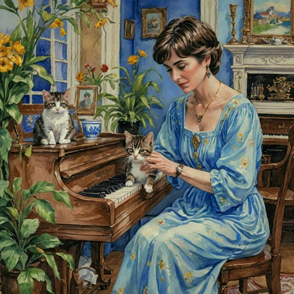 Enya c.2000s blue nightdress piano cat plants music room corner AI illustration idea