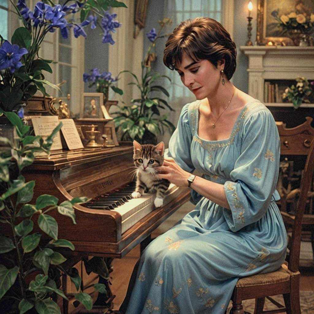 Enya present day approx blue nightdress piano cat plants music room corner AI illustration idea
