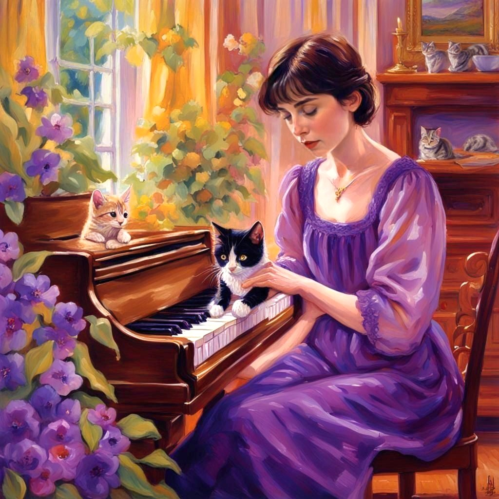 Enya 1980s purple nightgown piano kittens flowers living room corner AI illustration idea
