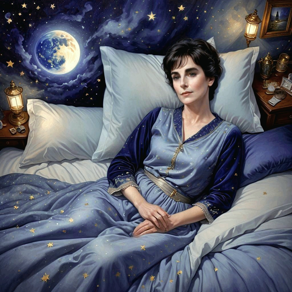 Enya dreaming in bed, dark sky theme AI