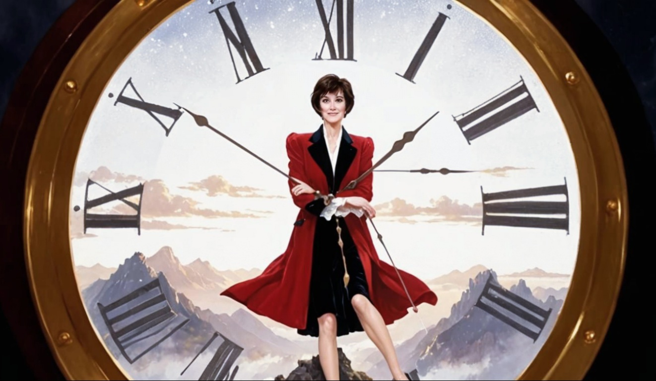 Enya Anywhere Is pose floating in the clock haha AI