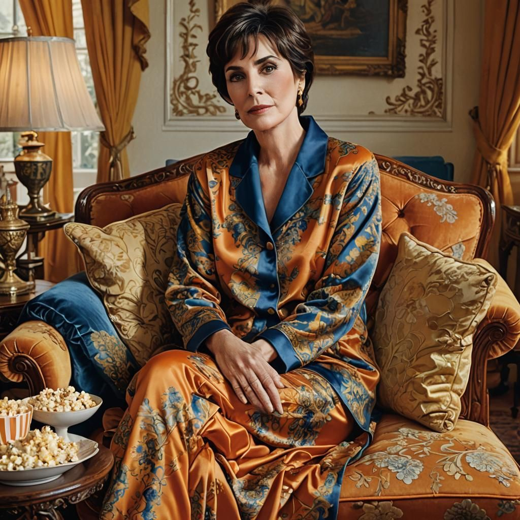 Enya sitting on an elaborate sofa, wearing an elaborate silk dressing gown, contemplating, lampshade and popcorn to the side of her. ☺️💙🧡🪄