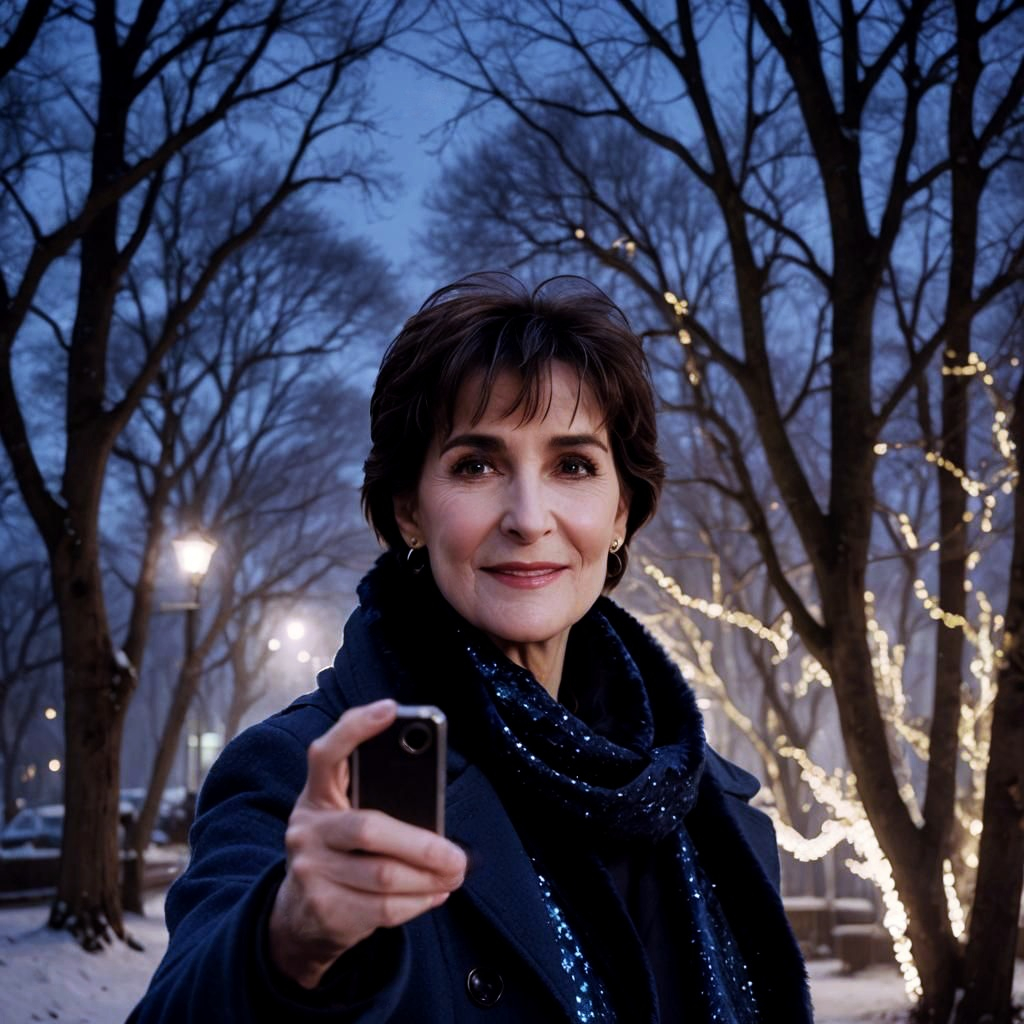 Enya on a snowy avenue , holding a phone camera 