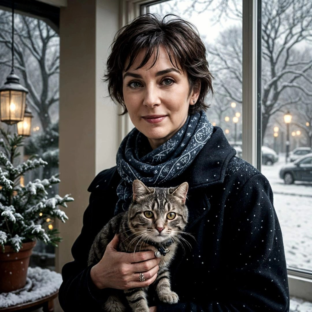 Enya and a cute tabby cat, after a walk in the snow 