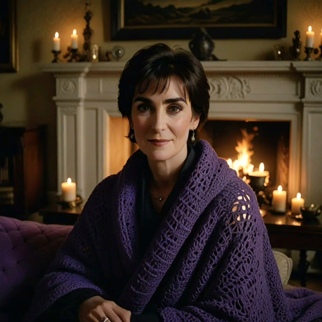 Enya in front of a fireplace, wearing a crochet blanket/gown, a romantic evening in solitude. 💜
