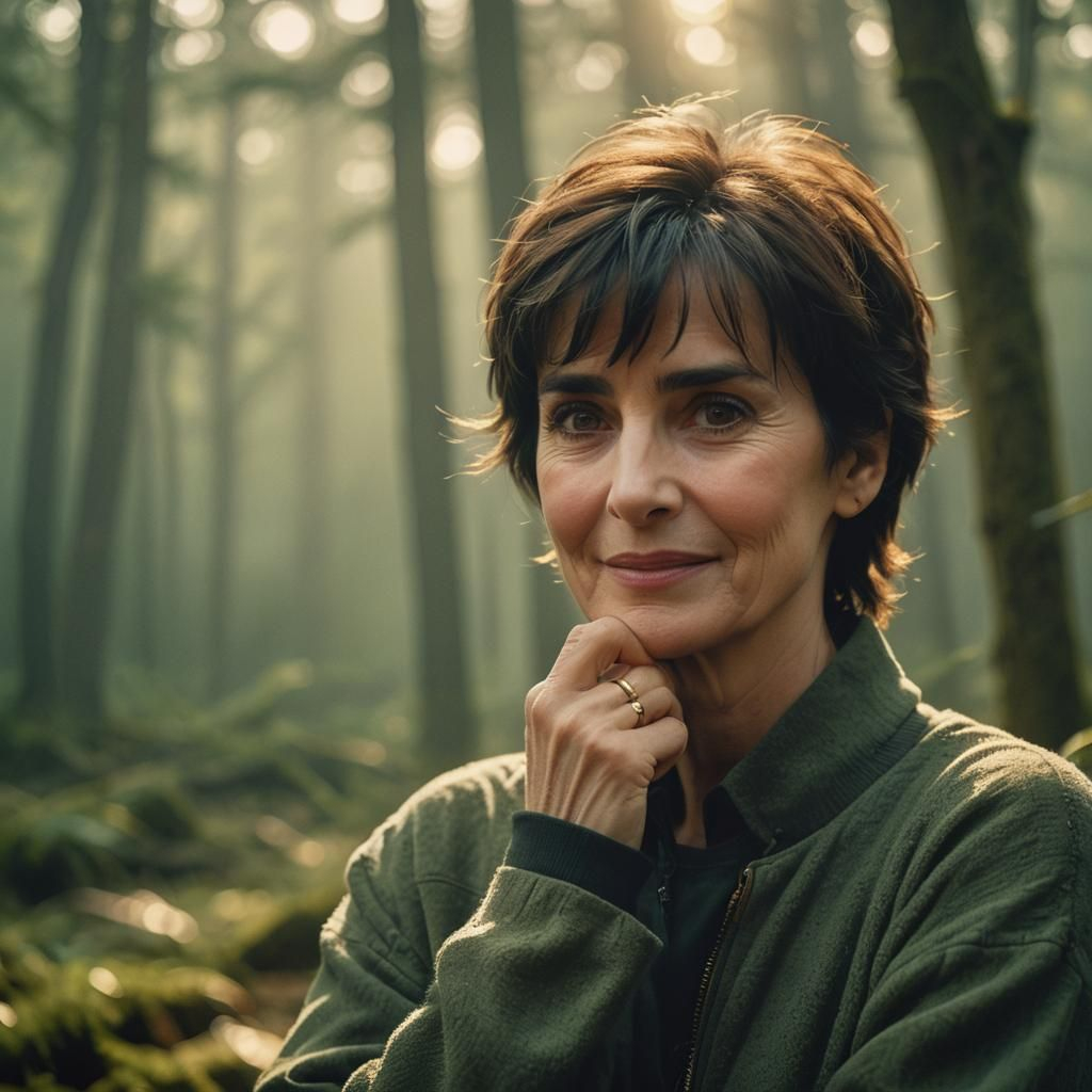 Enya amused smile in woods 