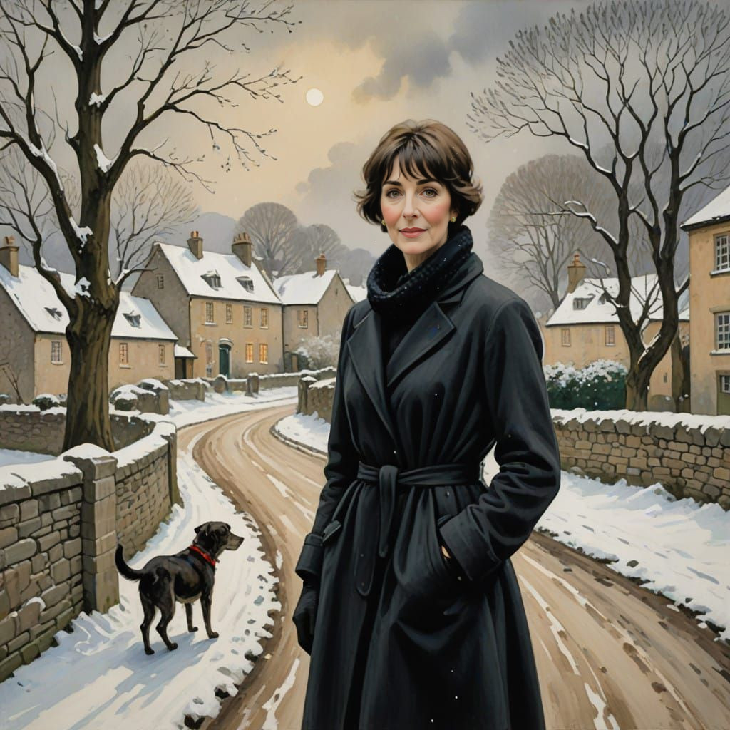Enya walking amidst the snow, dog nearby