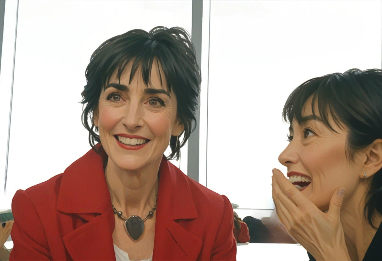 Enya and Japanese lady presenter laughing at the top of Tokyo Skytree 2015