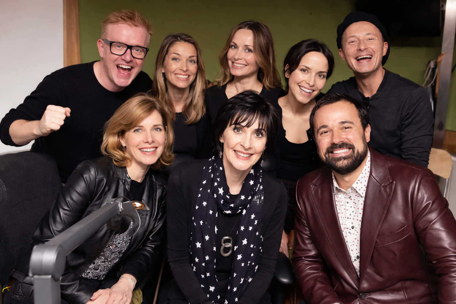 Behind Enya are The Corrs, Darcey Bussell and Evegeny Lebedev beside her, then Chris Evans the presenter 