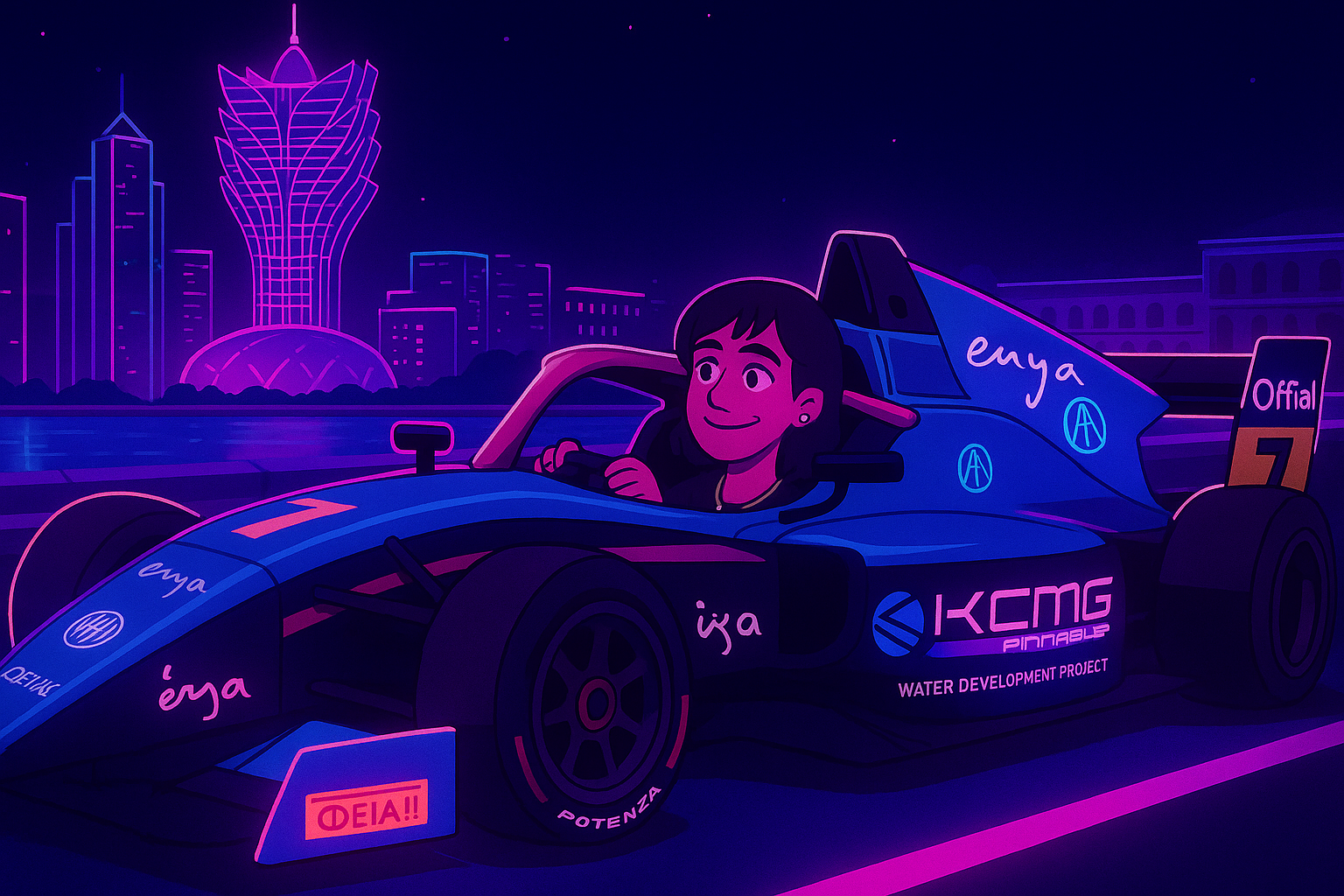 Nighttime Enya in stationary racing car