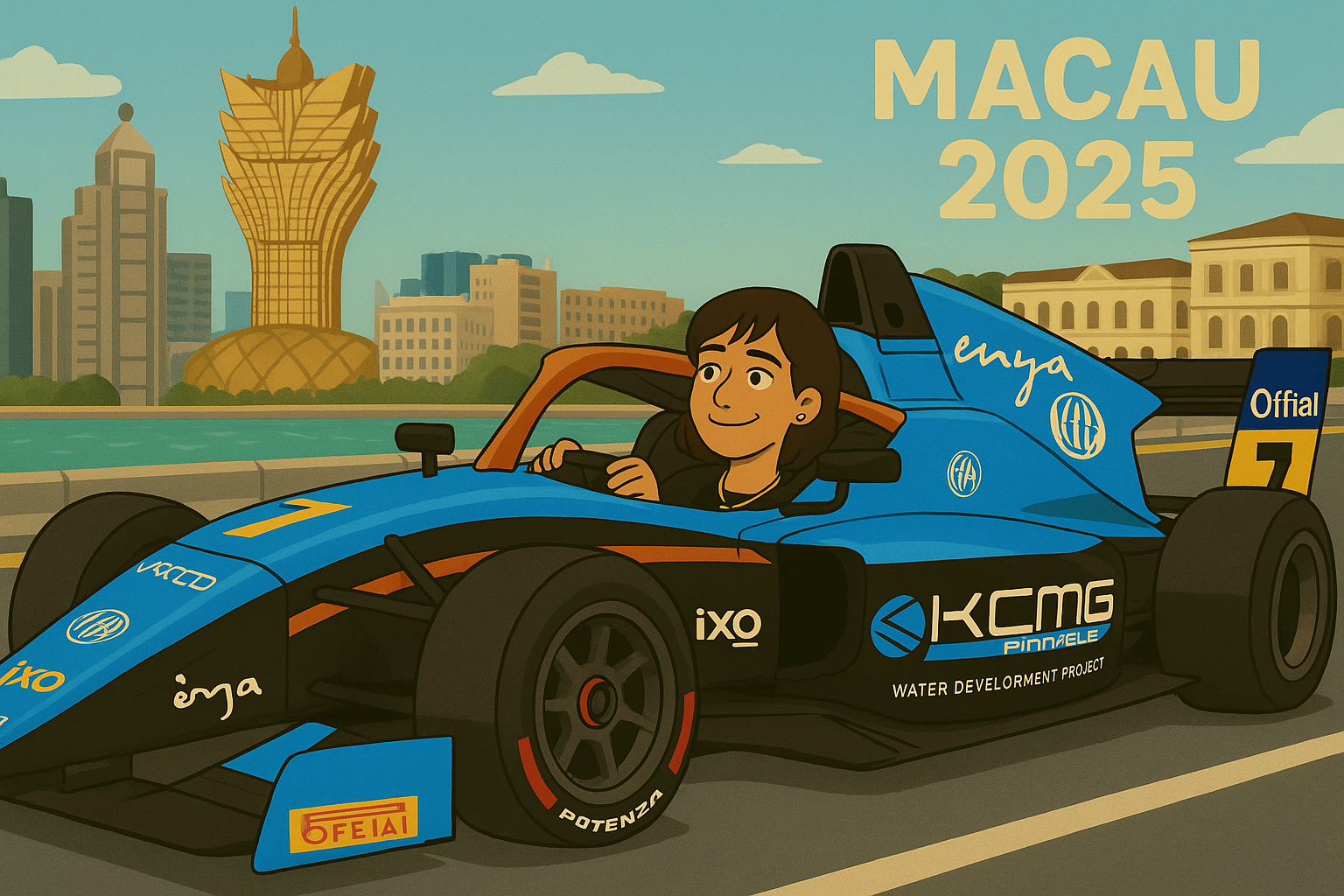 Daytime Enya in stationary racing car