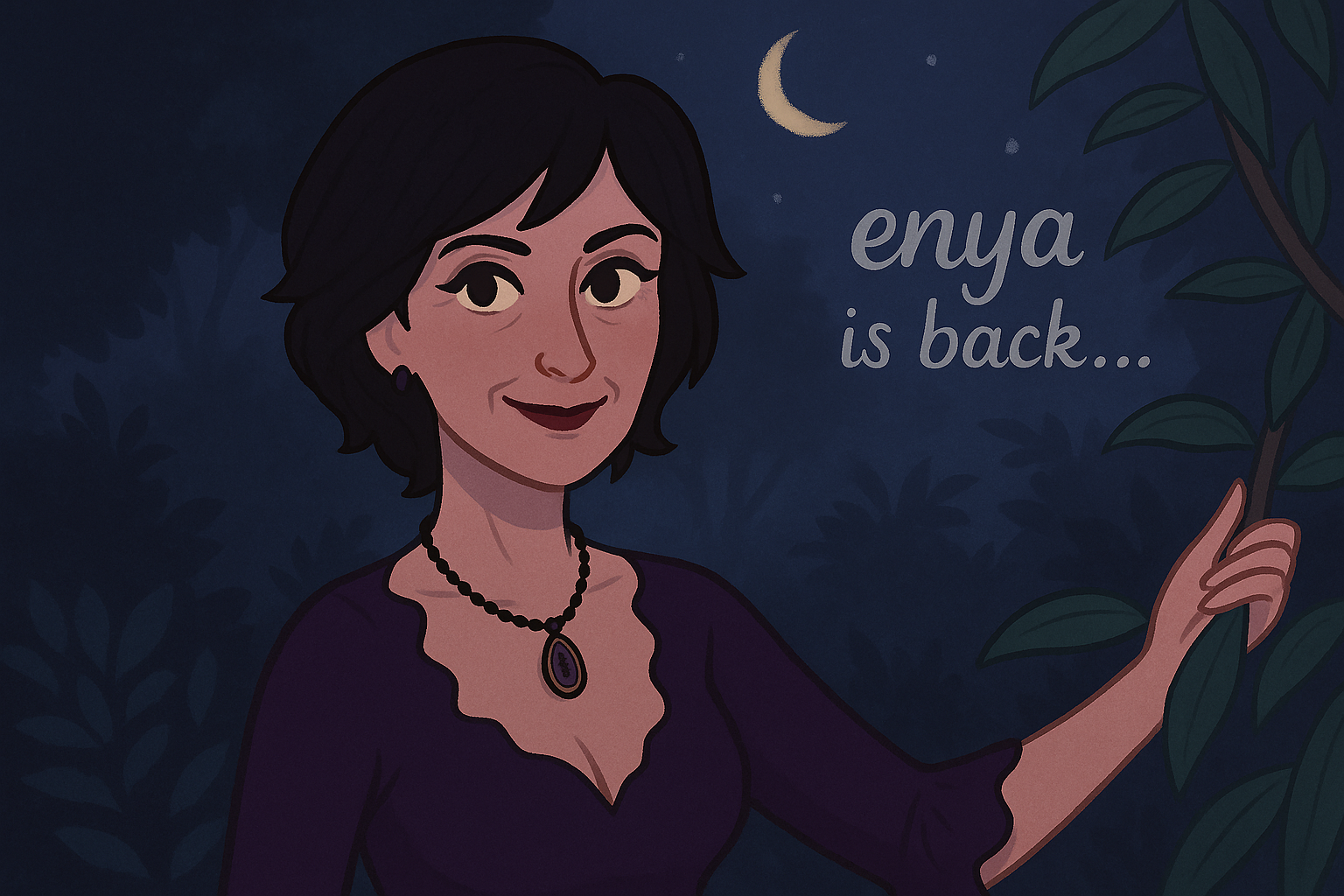 Nighttime seductress version :D  actually I asked for the above to be Slightly older (in her 60s but youthful, same dark hair) and a dark purple dress, more seductive look, nighttime backdrop in a garden 