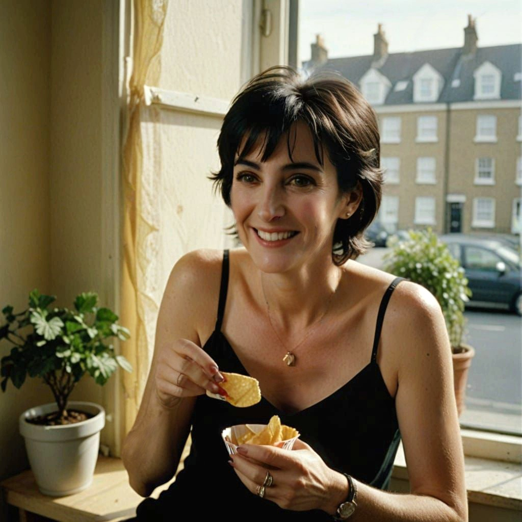 Enya by a window in a London apartment summer late 2000s, smiling, with some crisps