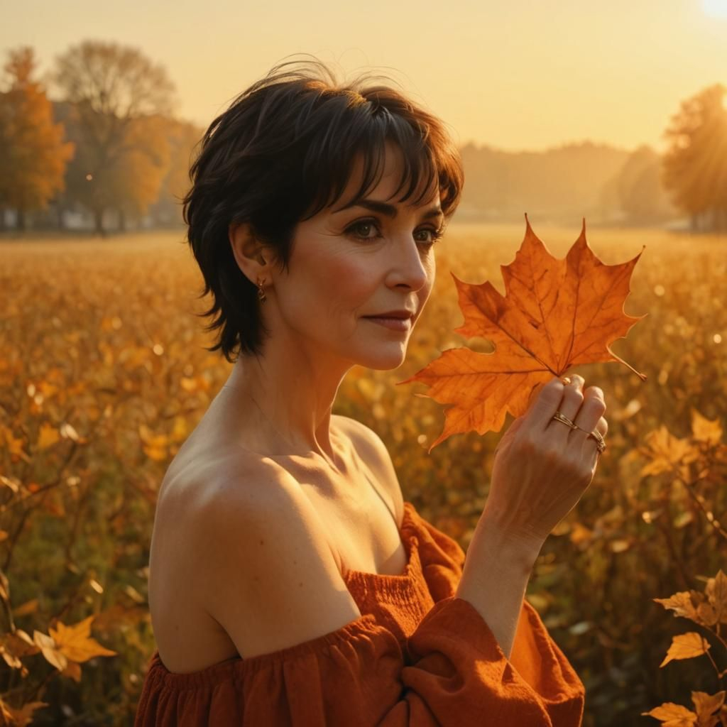 Concept of Enya holding an autumn leaf nice setting 2024 🥰🍁