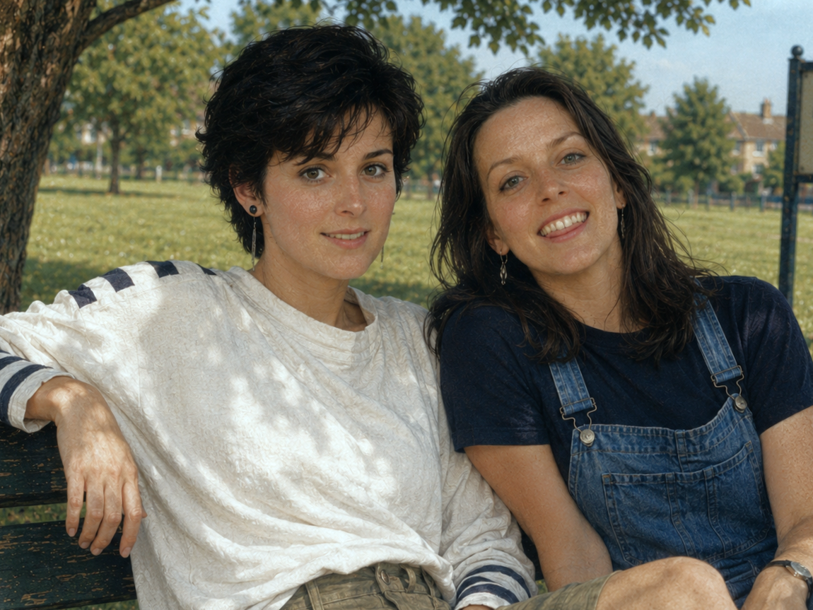 Enya and Olive fun bench photo 80s ♡