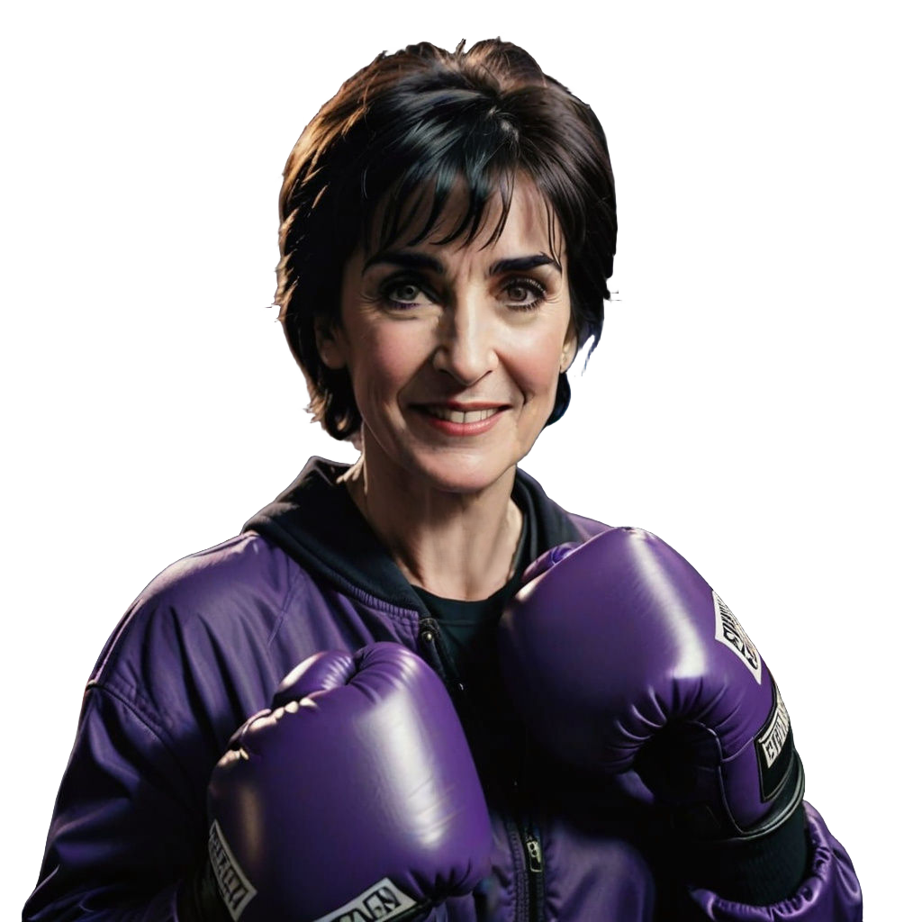 Enya present day wearing a purple boxing outfit