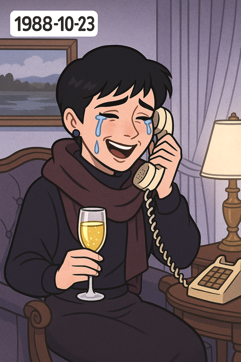 Enya-cartoon-crying-holding-telephone-and-champagne-glass-unexpected-Orinoco-#1-<3