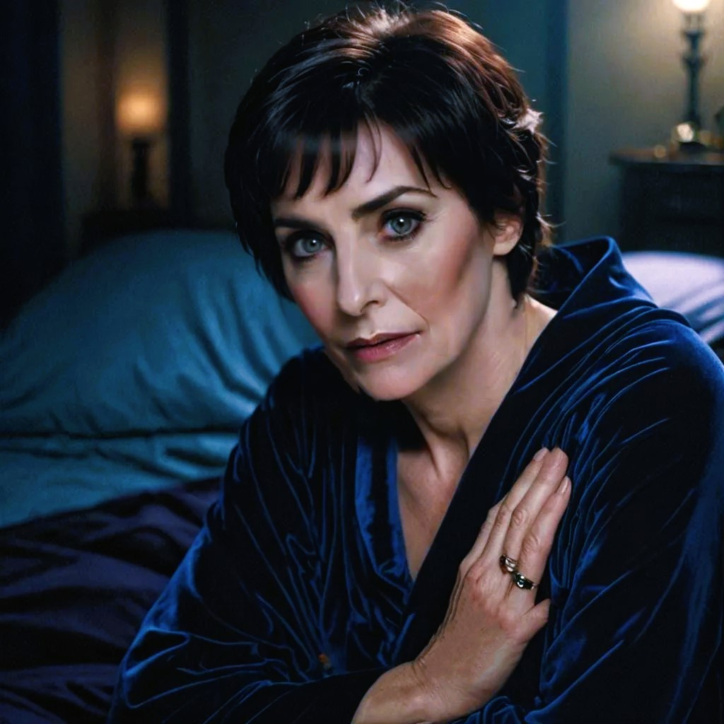 Enya wearing deep blue velveteen photoshoot idea AI