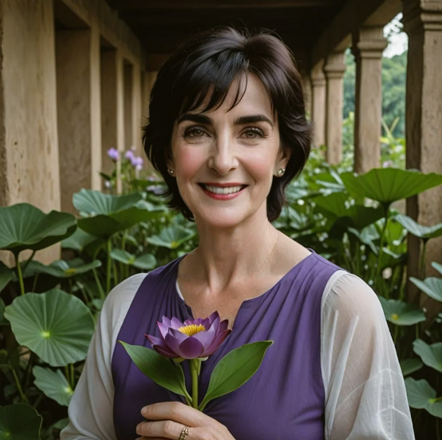 Enya present day holding a purple lotus flower in Sri Lanka 🇱🇰🪷💜