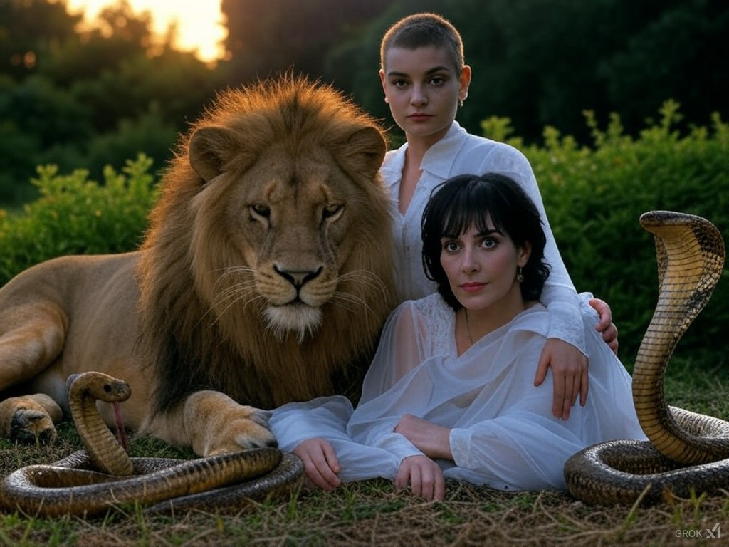 Sinéad, Enya, lion, grass snake, and cobra.