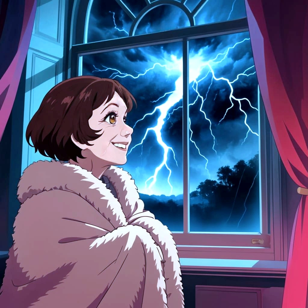 Enya looking at lightning through a castle window