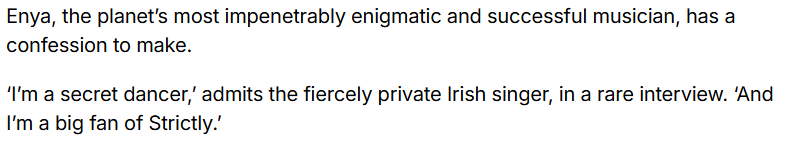 Enya loves Strictly from DailyMail first mention