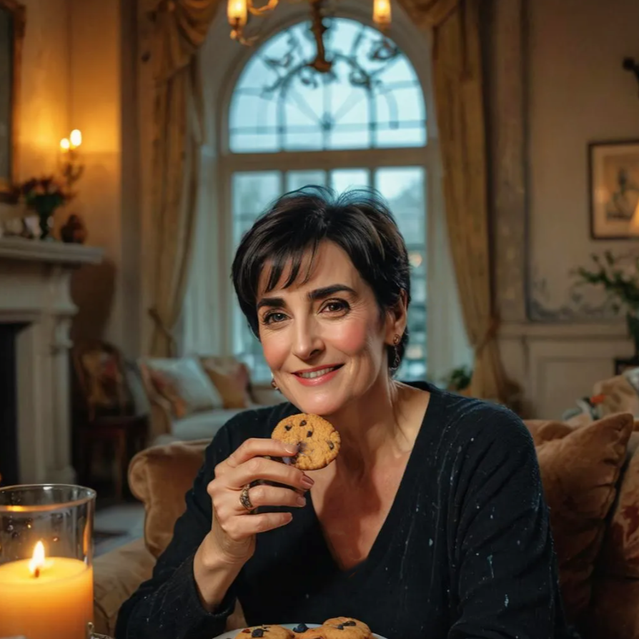 Enya glamorously holding a cookie 3