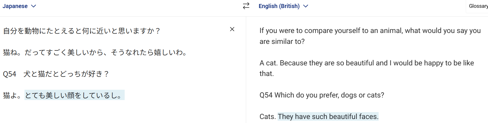 The Japanese text and British English translation (Enya would like to be a cat, and likes their faces 