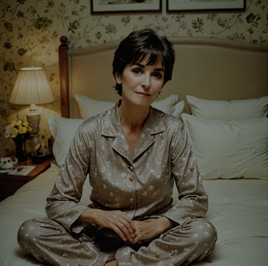 Irish singer Enya with short dark brown hair and big hazel eyes, in her early 60s, youthful, in silky mocha pyjamas, aww at the cats ♡
