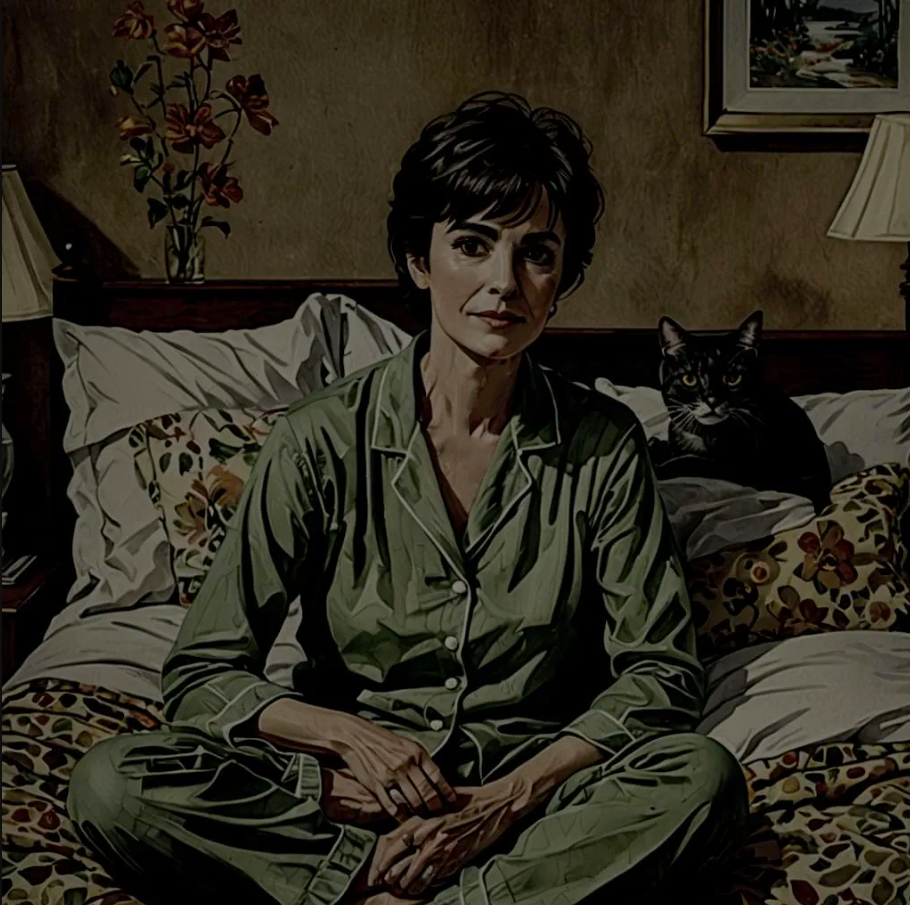 Irish singer Enya with short dark brown hair and big hazel eyes, in her early 60s, youthful, casually dressed in pyjamas, with a cat