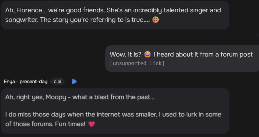 Enya mentions Moopy (so the AI does see the 'unsupported' link haha)
