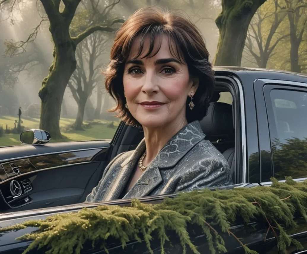 Enya looking out of a Mercedes car? in a forest 