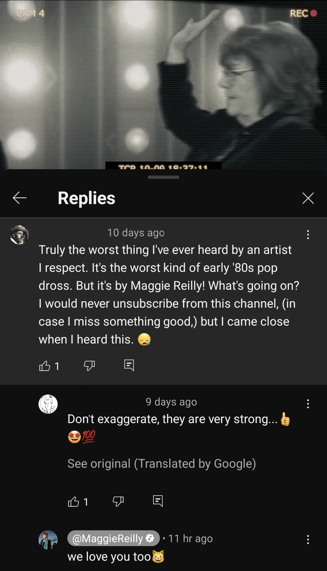 Comment and replies on a recent video featuring Maggie Reilly screenshot 8:24pm GMT 25 Nov 2024 haha