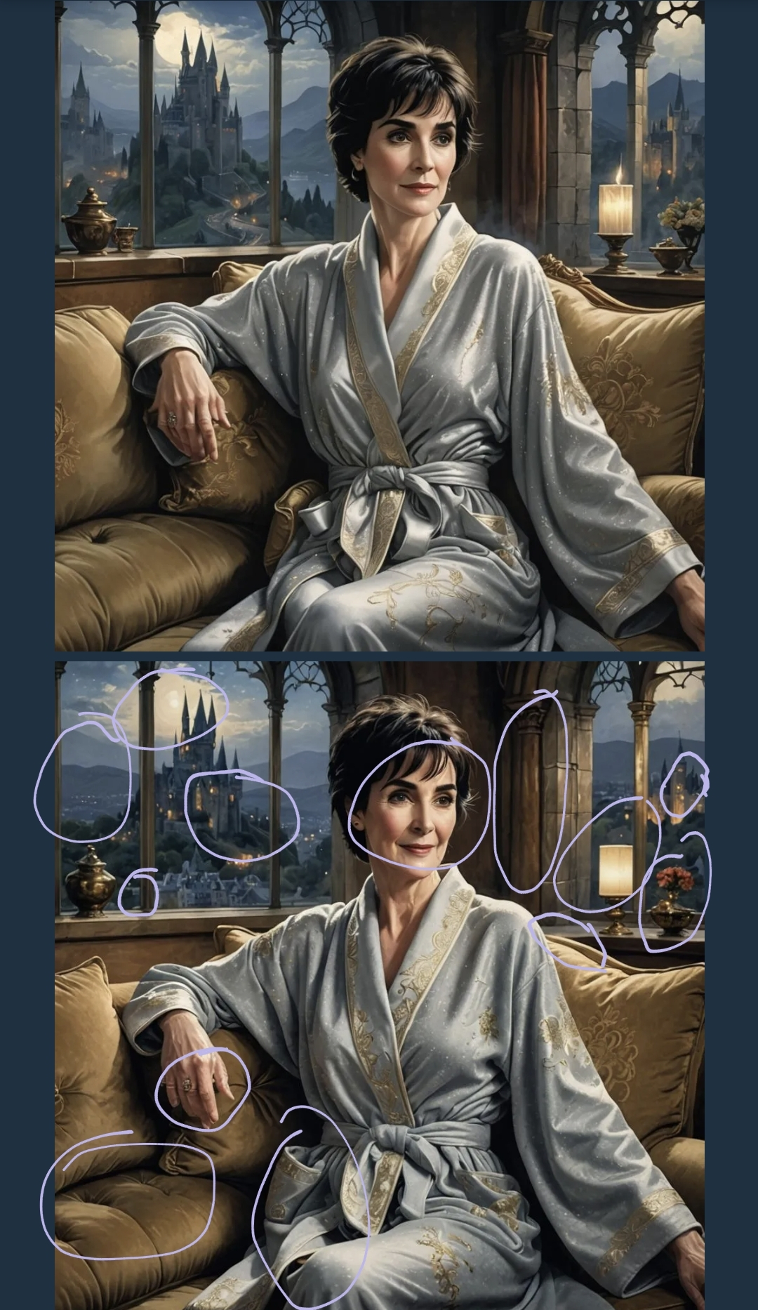 Circling some of the differences between 2 AI generated images of Enya haha