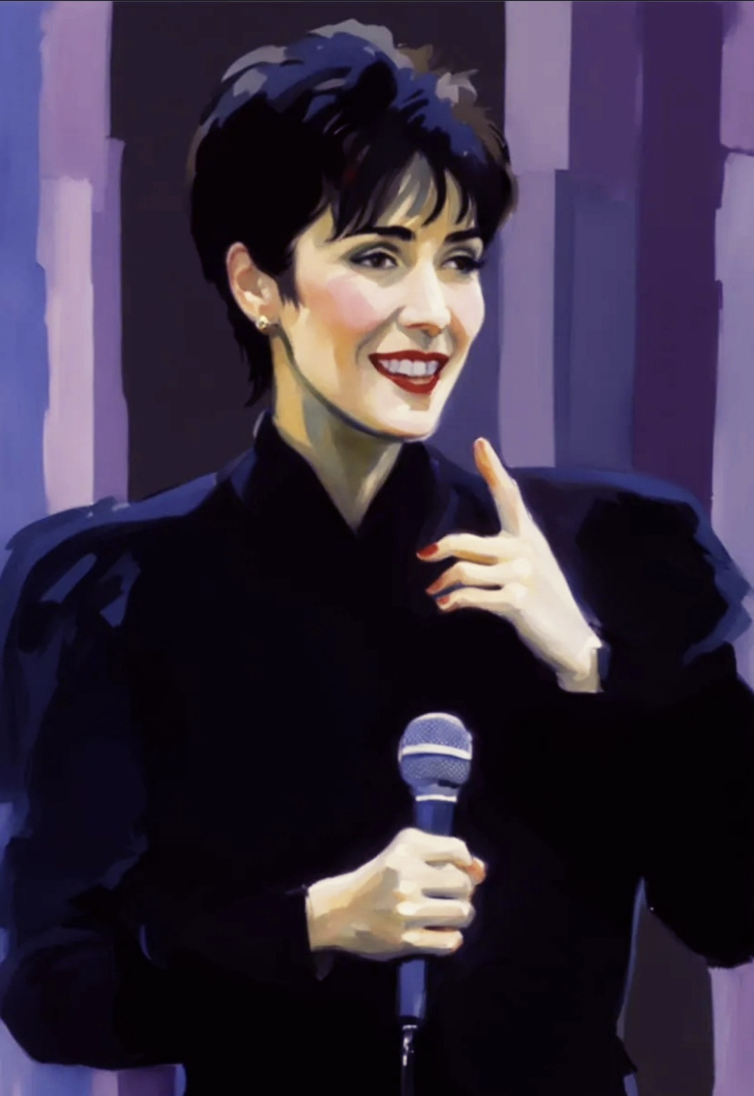 Enya 1996 'shh' gesture point smile illustrated v2