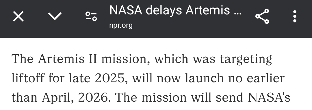 Artemis II delayed to April 2026 at the earliest