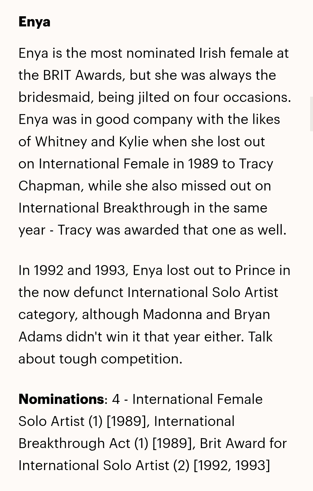 Enya's previous BPI/BRIT Award nominations