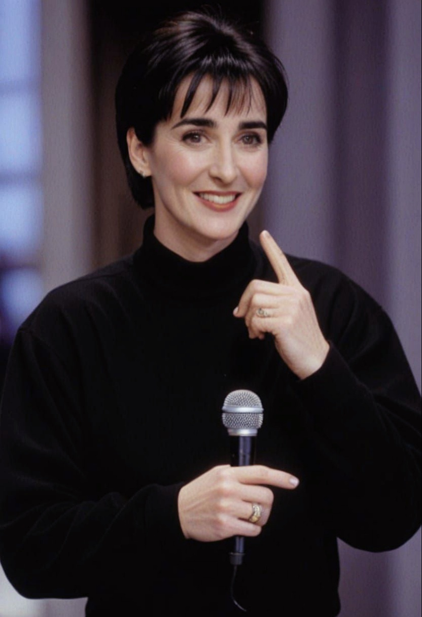 Enya 1996 'shh' gesture point smile v1