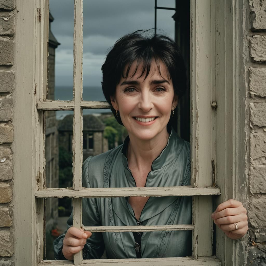 Prompt: Irish singer Enya, with short wispy dark hair, big hazel eyes, aged 63, elegant, smiling, looking through a tall Victorian castle windows, with a view of the Irish sea, 2024